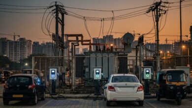 Electric vehicle charging points beside a substation transformer at dusk, with a car, a sedan and an auto-rickshaw parked nearby