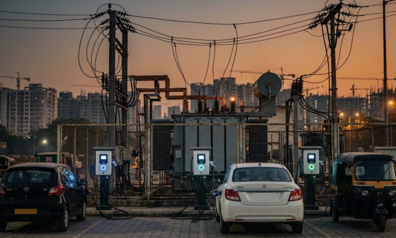 Electric vehicle charging points beside a substation transformer at dusk, with a car, a sedan and an auto-rickshaw parked nearby