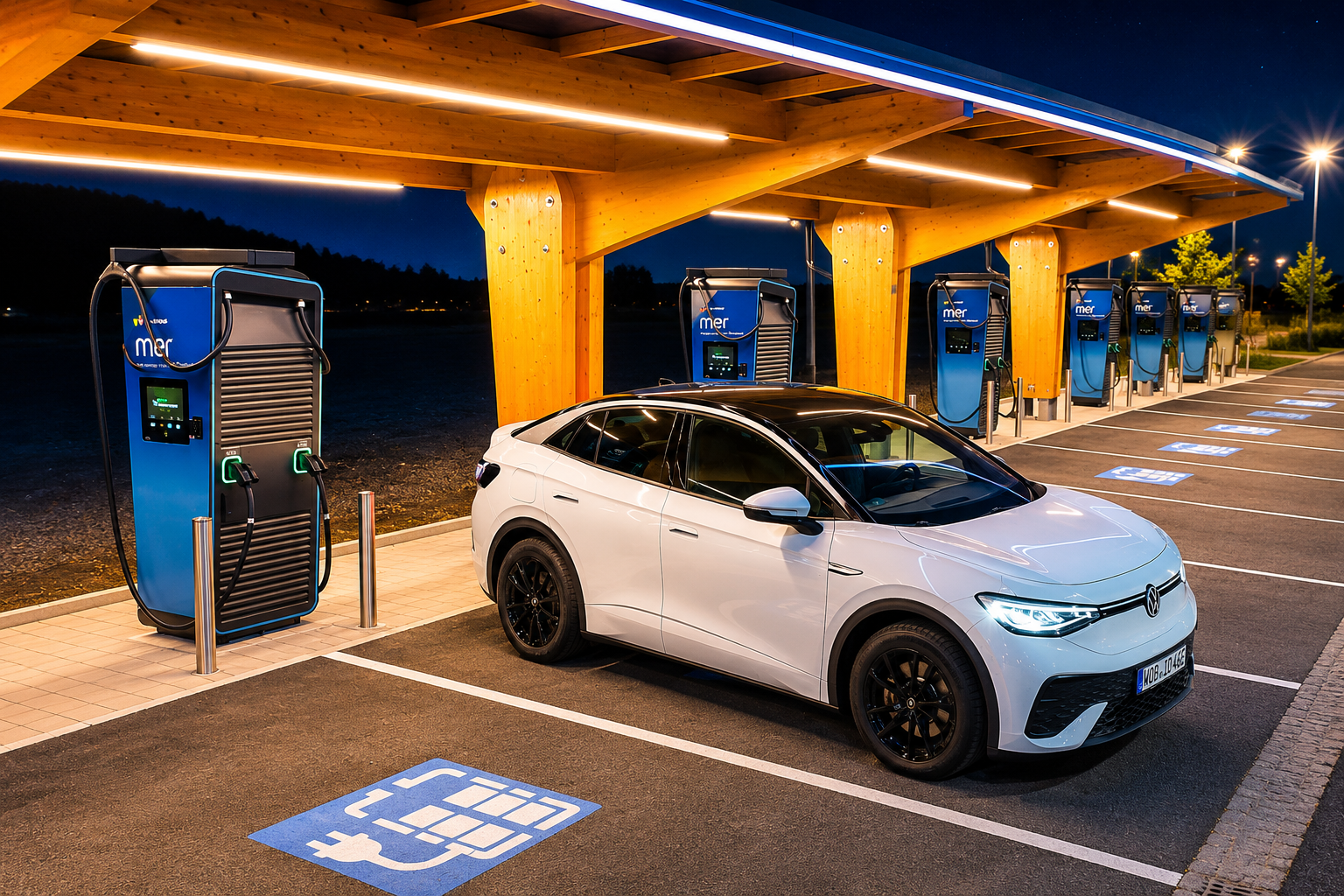 White electric SUV parked beside blue fast-charging units under a timber-roofed charging canopy at night, with charging bays marked on the tarmac