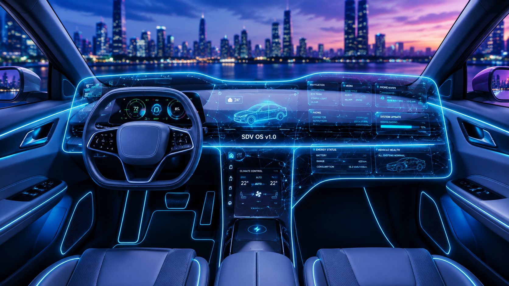 Interior of a car with a glowing dashboard display showing navigation, climate control, energy status and an SDV OS system update, with a city skyline at dusk through the windscreen