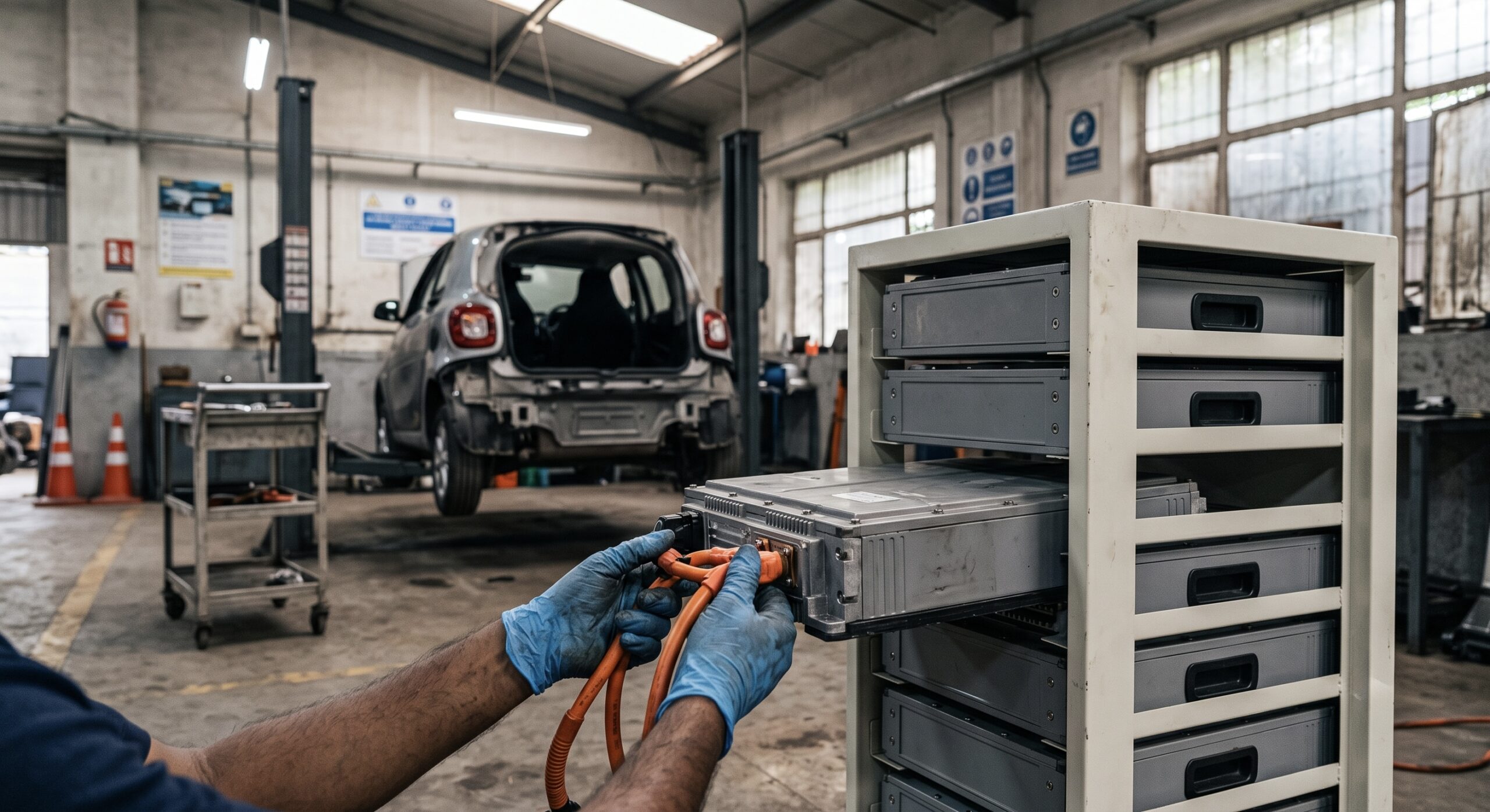 Technician disconnecting high-voltage cables from a battery module beside a vehicle on a lift