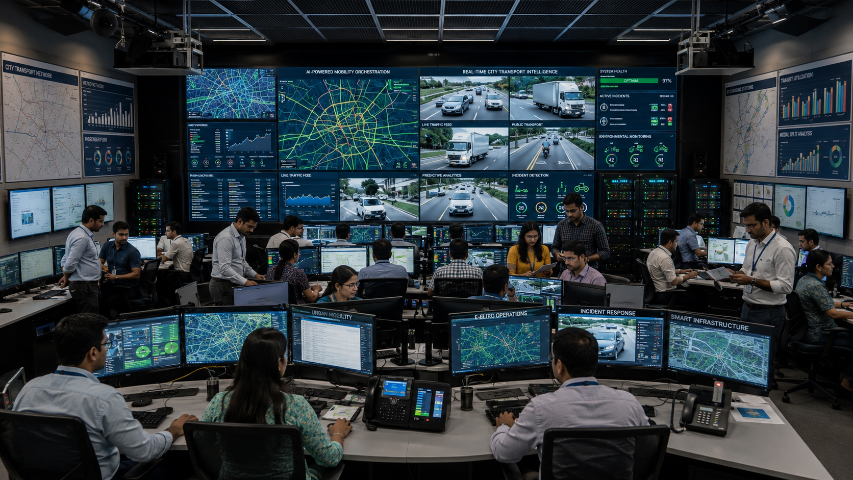 Smart city operations control room with staff working at monitoring desks in front of a large video wall showing traffic maps, live camera feeds, transit utilisation and incident response