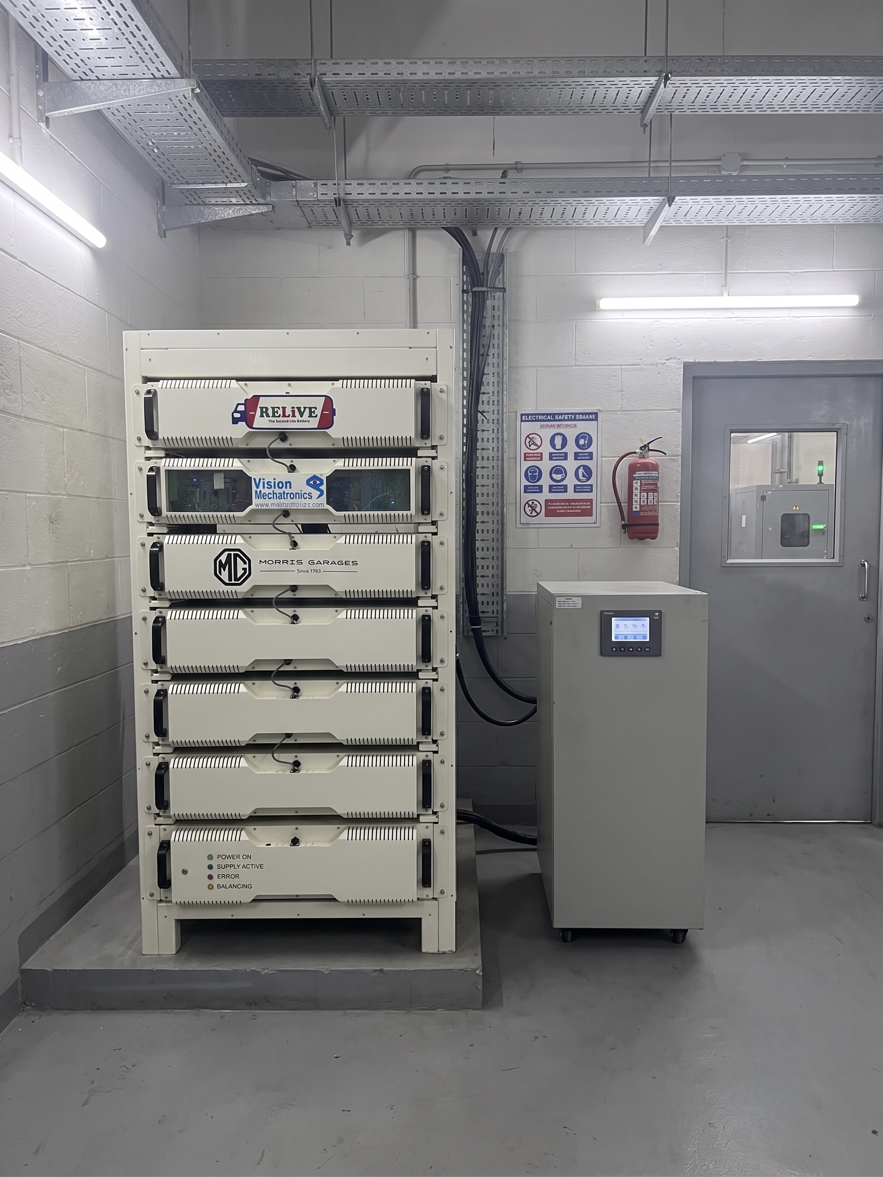 Vision Mechatronics battery energy storage system with battery modules and a control unit