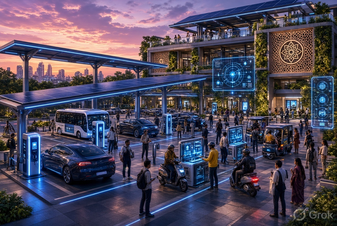 Modern EV charging plaza at dusk with solar-roofed canopies, several charging stations with illuminated screens, and a white electric car parked beside a charger