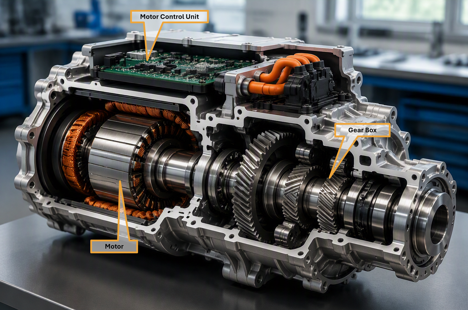 Cutaway view of an electric drive system showing the motor with copper windings, the motor control unit with orange high-voltage cables, and the gearbox with helical gears, labelled Motor Control Unit, Motor and Gear Box