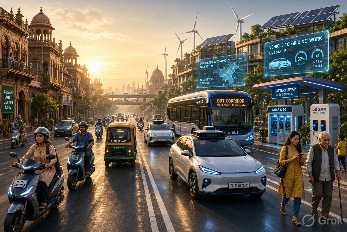 Busy Indian city street at sunset with scooters, an e-rickshaw, an e-bus on a BRT corridor and an autonomous-style electric car, with a battery swap station, fast-charging unit and a vehicle-to-grid status panel
