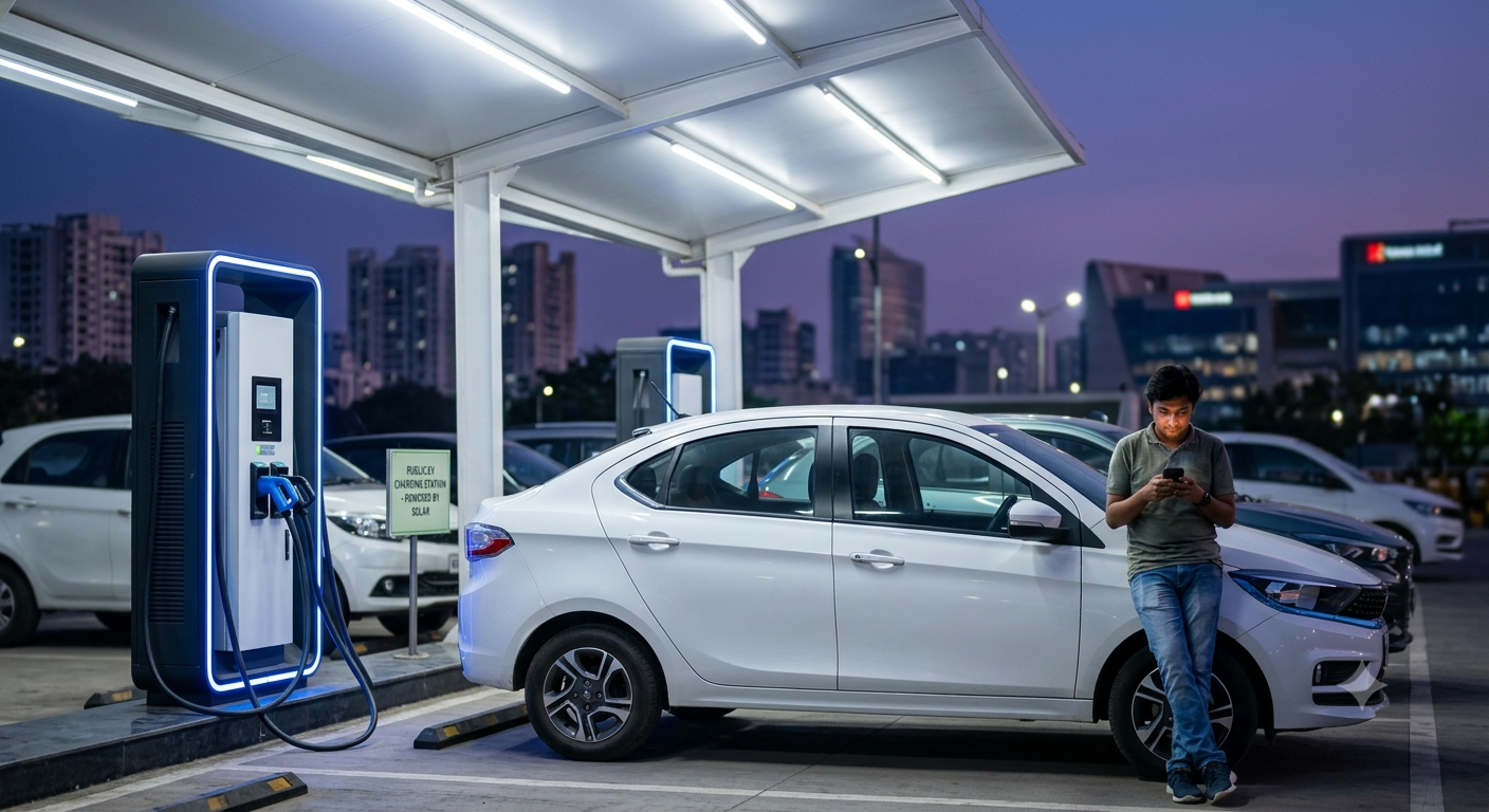 A white compact sedan parked beside a public EV fast charger under a solar-roofed canopy at dusk, with a man in a grey polo shirt checking his phone