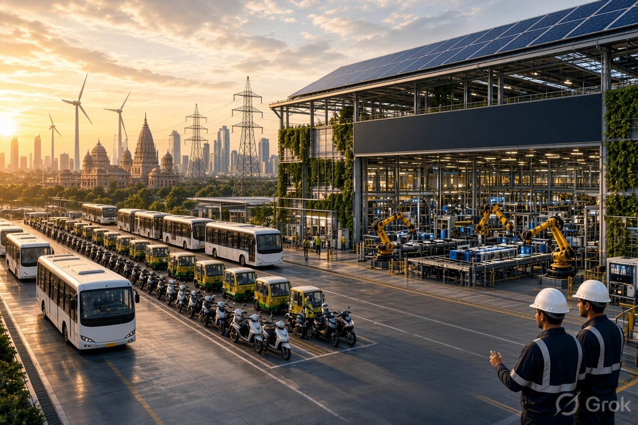 Row of white buses and yellow-green electric three-wheelers and scooters parked beside a glass-and-steel factory with robotic arms and solar panels, under a sunset skyline with wind turbines
