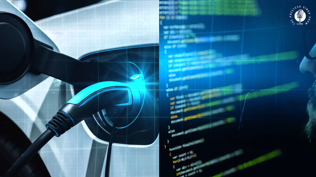 Split image with a blue-lit charging plug entering an electric car's charge port on the left and dark screens of scrolling program code on the right