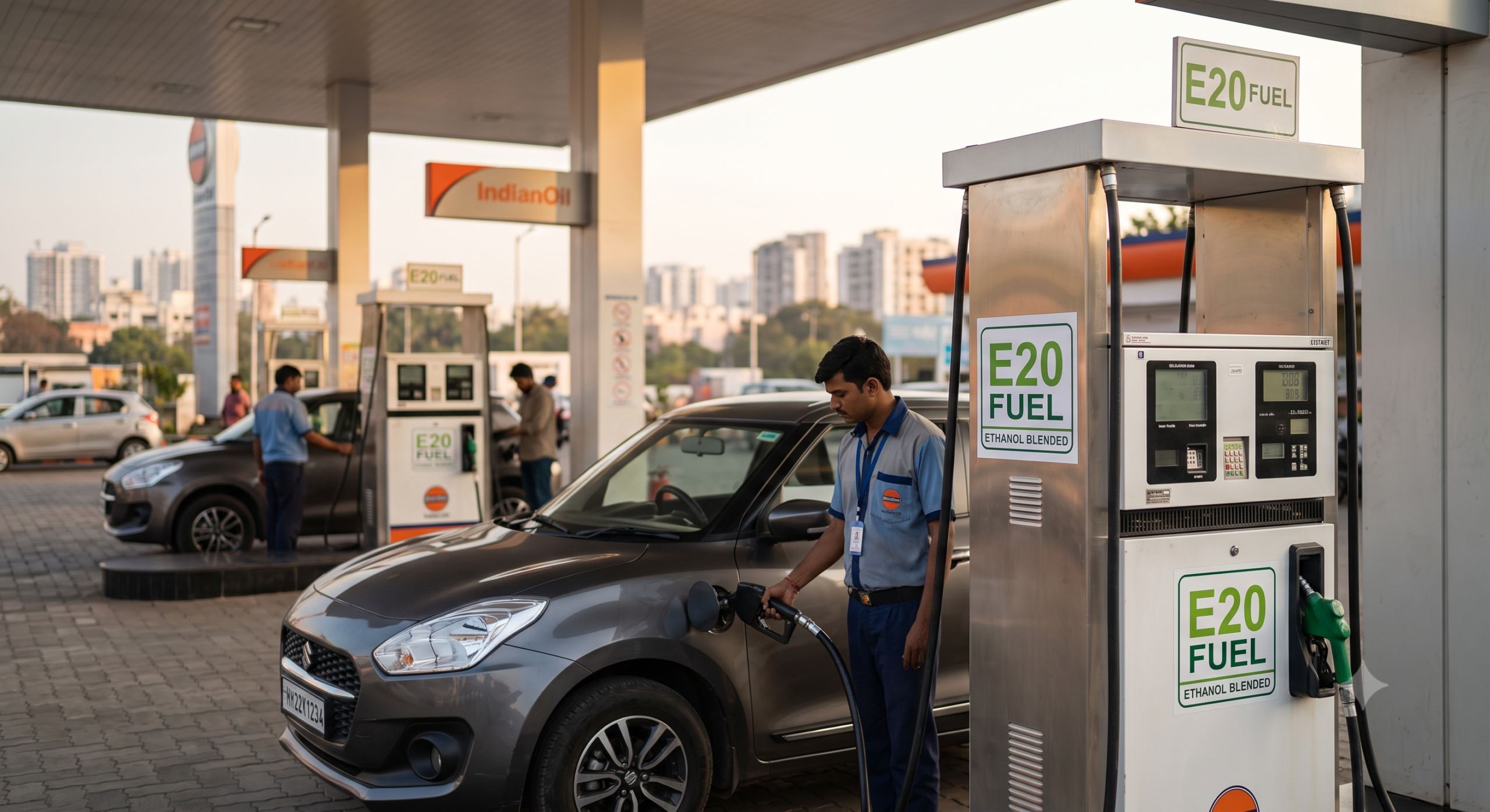An attendant fuelling a grey hatchback at a petrol pump labelled E20 Fuel, Ethanol Blended, at an Indian Oil station